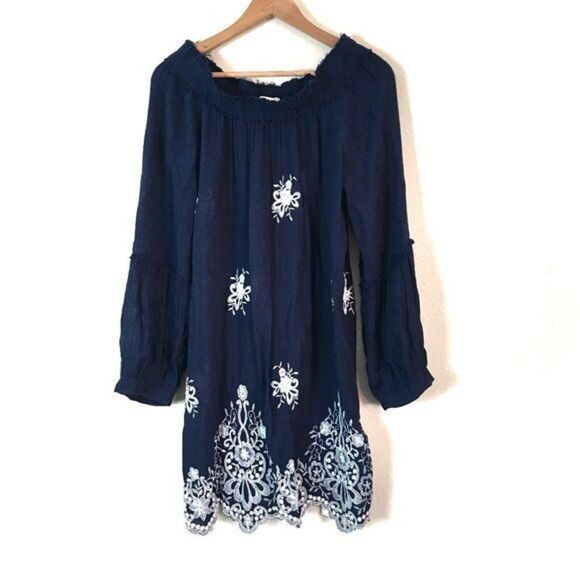 Misa Los Angeles Embroidered Dress Size S Navy Blue Rayon White Embroidery - Picture 4 of 15